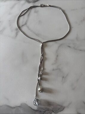 Lia Sophia Silver Lariat Necklace with Pearls and Crystal Pendant